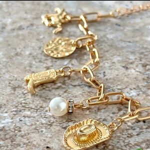 Gold Charm Bracelet with Pearl and Cowboy Hat Accents
